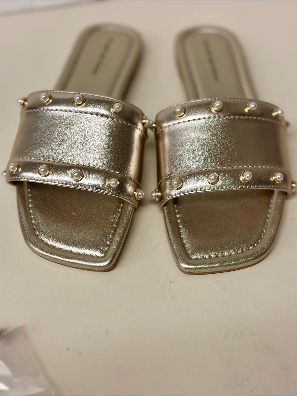 Stuart Weitzman Metallic Gold Pearl-Embellished Slide Sandals